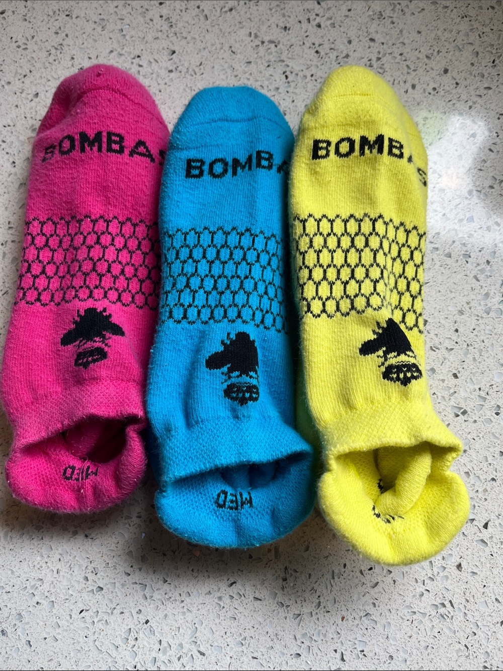Bombas Women’s No-Show Athletic Socks — Pink, Blue & Yellow Lightly Used